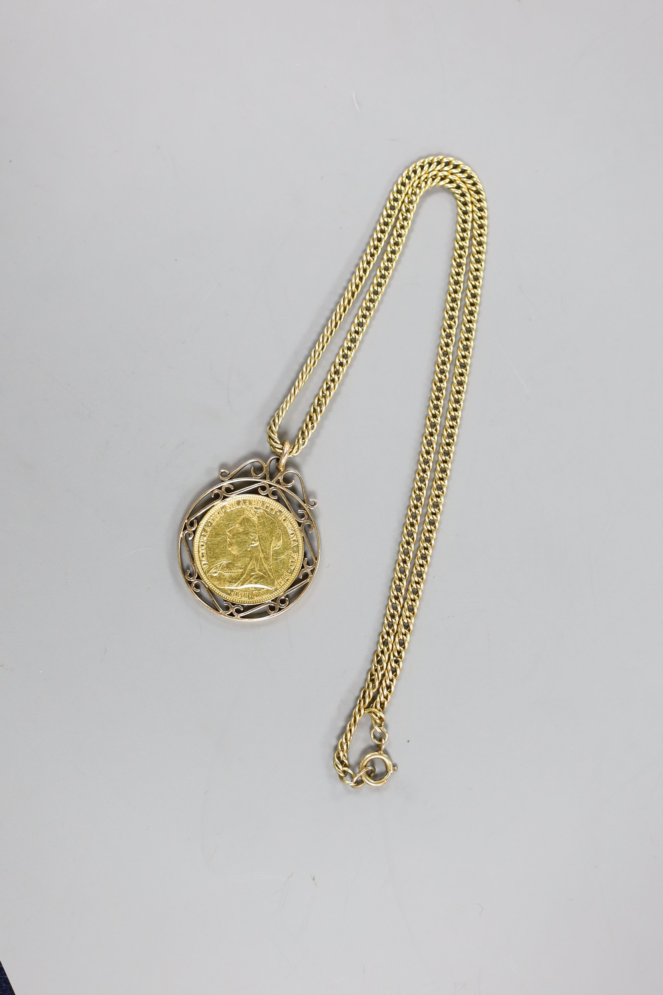 A Victoria 1893 gold sovereign, in pendant mount, on a 9ct chain